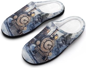 Generic Vintage Steam Train Mens Soft Cotton Slippers with Memory Foam Anti-skid House Shoes for Travel Indoor Outdoor