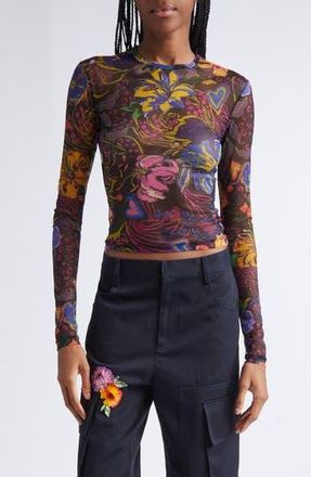 Area Hotfix Printed Tulle Long Sleeve Top in Black Multi at Nordstrom Rack, Size Small