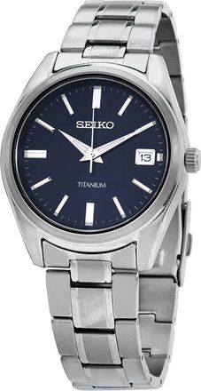 Seiko Classic Quartz Blue Dial Grey Titanium Mens Watch SUR373