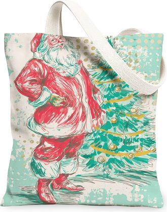 Generic Christmas Santa Canvas Tote Bags, Festive Illustration Reusable Grocery Bags, Vintage Lightweight Washable Shoulder Strap C, Red, 13x15 Inch