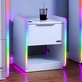 X Rocker Electra Bedside Table with Drawer, LED Lights & Charging in White
