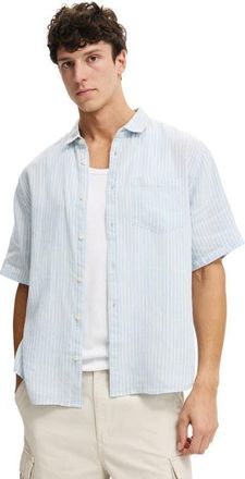 Cotton On Mens Relaxed Linen Short Sleeve Shirt in Sky Blue Stripe at Nordstrom, Size X-Large
