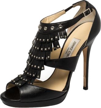 Jimmy Choo London Black Leather Studded Fringe Platform Sandals