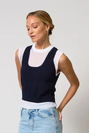 Central Park West Coen Double Layer Sweater in Navy/white at Nordstrom, Size X-Small