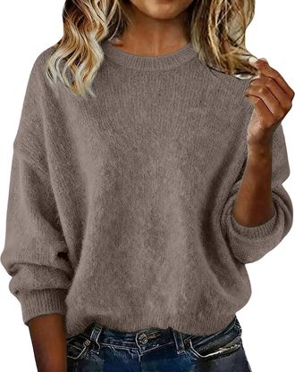 Generic Cashmere Jumpers Ladies,Oversized Crew Neck Womens Jumper,Lightweight Thermal Solid Color Loose Fit Casual Womens Sweaters,Autumn Winter Daily Work Tr