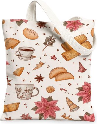 Generic Christmas Floral Canvas Tote Bag, Vintage Rustic Plant Pattern Reusable Grocery Bag, Lightweight Washable Shoulder Strap Ca, White, 13x15 Inch