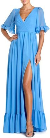 Mac Duggal V-Neck Flutter Sleeve Chiffon Faux Wrap Maxi Gown in Fusion Blue at Nordstrom, Size 12