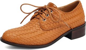 Generic Womens Low Block Heel Oxford & Derby Shoes Round Toe PU Leather Brogue Shoes Lace Up Casual Shoe,Brown,4.5 UK