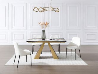 Vente-Unique Tavolo allung. 6-10p. Vetro temp. Ceramica Metallo Dorato Eff. Marmo Bianco Tortora - LOZIPA Maison C&eacute;phy