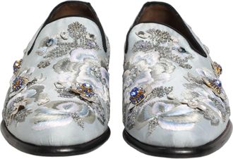 Dolce & Gabbana White Floral Embellished Men Loafers Shoes Leather