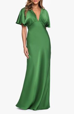 Betsy & Adam V-Neck Satin Gown in Moss at Nordstrom, Size 14
