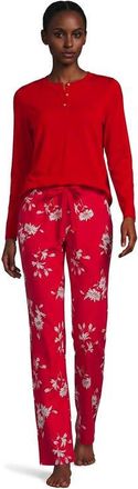 Lands End Knit 2 Piece Pajama Set - Long Sleeve Top and Pants in Compass Red/ivory Floral at Nordstrom, Size Xx-Small