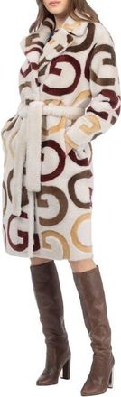 Gorski Reversible Genuine Shearling G Intarsia Short Coat, Belt in Cream/wine/chestnut/camel at Nordstrom, Size X-Small