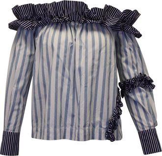 Msgm Ruffled & Striped Top in White Cotton