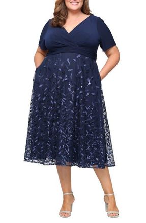 Alex Evenings Tea Length Embroidered Mesh Dress in Navy at Nordstrom, Size 20W