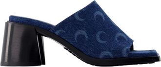 Marine Serre Womens Heeled Mules In Moon Allover Print Denim - Dark Blue Cotton - Size EU 35