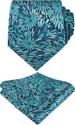 Alizeal Mens Floral Pattern Wedding Party Tie with Pocket Square 8cm Self-tied Necktie Set, Turquoise+Teal