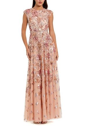 Mac Duggal Womens Sequined High Neck Cap Sleeve A Line Gown in Coral at Nordstrom, Size 16