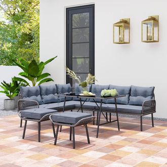 OUTSUNNY Sectional Outdoor Furniture with Glass Top Table in Dark Grey