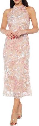 Marina Rossini Embellished Cocktail Halter Dress in Champagne at Nordstrom Rack, Size X-Large