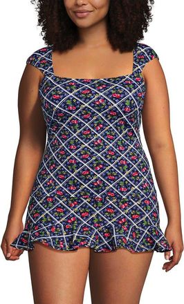 Lands End Plus Size Square Neck Underwire Tankini Top in Cherries/deep Sea Navy Plaid at Nordstrom, Size 26W