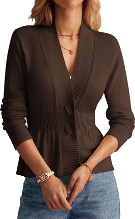 Grace Karin Womens V-Neck Cropped Cardigan with Waist Casual Long Sleeve Cardigan with Buttons Dark Brown S