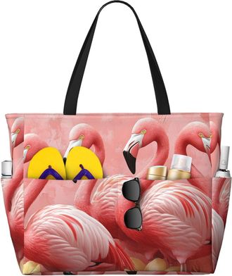 Generic Pink Flamingo Print Large Beach Bag Foldable Travel Shoulder Tote Bag With Pocket For Weekender Pool Vacation