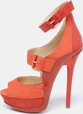 Jimmy Choo London Orange Leather And Nubuck Platform Peep Toe Sandals