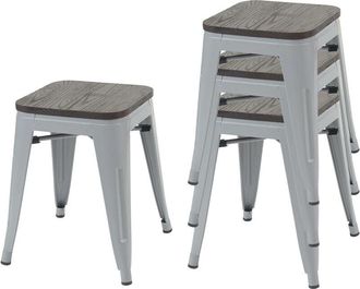 Hhg nunca usado] Juego de 4 taburetes 771 incl. asiento de madera, taburete de metal asiento taburete, metal diseño industrial apilable, gris