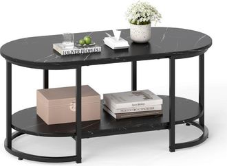 Costway Marble Coffee Table Modern 2-Tier Center Table with Shelf-Black