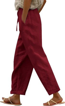 Generic Linen Trousers for Women UK Drawstring Elastic Waist Ladies Cropped Trousers with Pockets Loose Lightweight Lounge Pants Plus Size Casual Holiday Summ