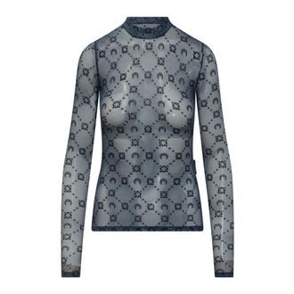 Marine Serre Long Sleeve Tops, female, Blue, Size: M Long-Sleeve Tulle Top