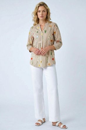 Roman Floral Stripe Pleated Top