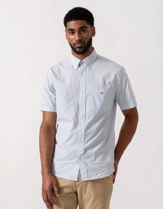 GANT Mens GANT Mens Regular Fit Classic Poplin Gingham Short Sleeve Shirt - 455 Light Blue - White - Size: 46/Regular