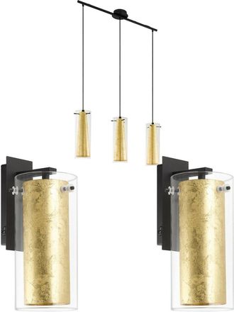 Loops Ceiling Pendant Light & 2x Matching Wall Lights Clear Glass & Gold Shade Lamp