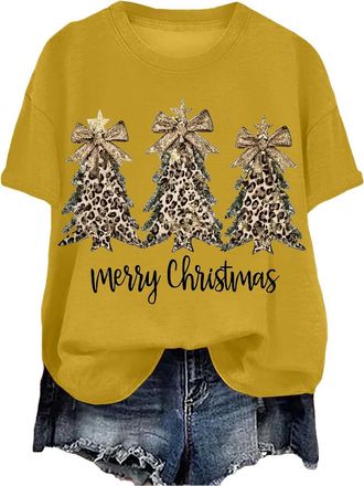 Generic Christmas T Shirt for Womens Funny Festive Printed Blouse Loose Fit Comfortable Xmas Pullover Ladies Short Sleeve Tshirts Christmas Crew Neck Casual S