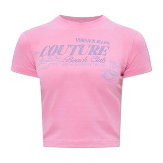 Versace Jeans Couture T-Shirts, female, Pink, Size: XS Printed Embellished Cotton-Jersey T-Shirt