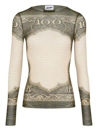 Jean Paul Gaultier Long-Sleeved Sheer Top With Vintage Currency Print