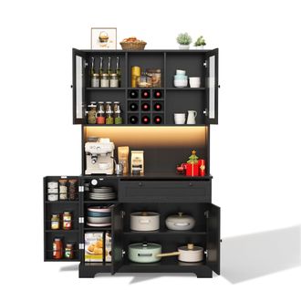 STILVORA Aparador De Cocina Alto Con 5 Puertas Y 1 Caj&oacute;n, Led Y Enchufes, Estantes Ajustables, En Mdf, 105x40x180 Cm, Negro