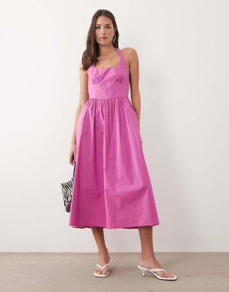 Nobody's Child Hallie - Vestito midi allacciato al collo con gonna arricciata in misto cotone viola