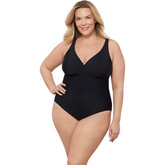 Aqua Green Plus Size V-Neck Surplice Trim Overlay Full Coverage One-Piece Swimsuit in Black at Nordstrom, Size 1X