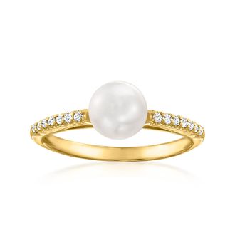 Ross-Simons 6-6.5mm Cultured Pearl and. Diamond Ring in 14kt Yellow Gold