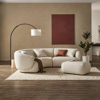 Castlery White Boucle L-Shape Sofa with Ottoman | Auburn by Castlery, Modular Lounge, Tightback Armrests