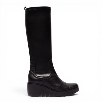 FLY London Dames Zwarte Leren Hoge Wighak Lange Laarzen - BUDI603