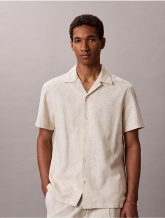 Calvin Klein Mens Linen Cotton Camp Collar Easy Shirt - Beige - 2XL