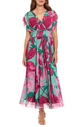 London Times Cap Sleeve Mesh Maxi Dress in Green/Raspberry at Nordstrom Rack, Size X-Large
