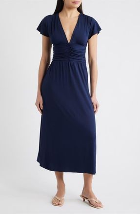 Loveappella Ruched Bodice Midi Dress in Navy at Nordstrom, Size X-Small