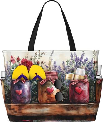 Generic Flowers Hearts Vase Print Large Beach Bag Foldable Travel Shoulder Tote Bag With Pocket For Weekender Pool Vacation