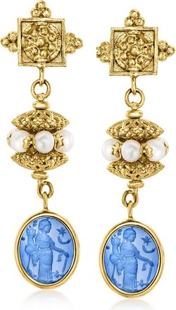 Ross-Simons Italian Tagliamonte Blue Venetian Glass and 4-4.5mm Cultured Pearl Drop Earrings in 18kt Gold Over Sterling