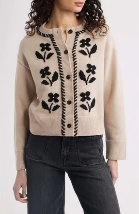 Rails Mavie Intarsia Floral Cardigan in Oat Black at Nordstrom, Size Xx-Small